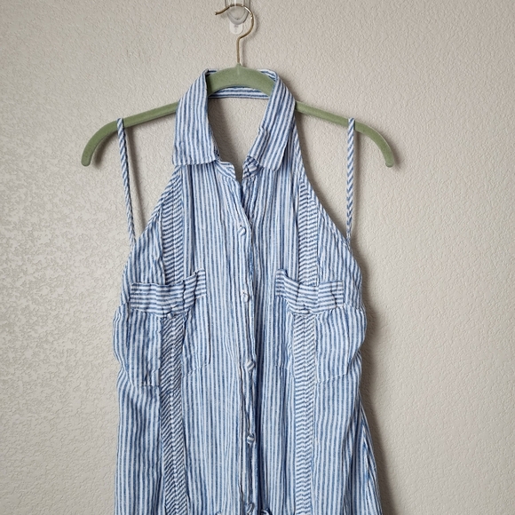 CUBAVERA linen dress backless halter seersucker white blue micro stripe size L - Picture 9 of 9